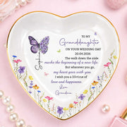 To My Granddaughter On Your Wedding Day Butterfly And Wildflowers Ceramic Dish - Personalized Custom Jewelry Dish, Ceramic Dish, Heart Shape - GDT815_HCRF