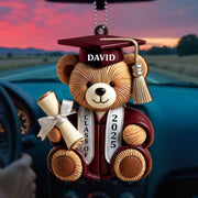 Graduation Teddy Bear With Cap And Diploma - Personalized Custom Wood Ornament, Car Hanging Ornament - GRAD005_WCA