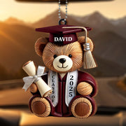 Graduation Teddy Bear With Cap And Diploma - Personalized Custom Wood Ornament, Car Hanging Ornament - GRAD005_WCA