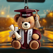 Graduation Teddy Bear With Cap And Diploma - Personalized Custom Wood Ornament, Car Hanging Ornament - GRAD005_WCA