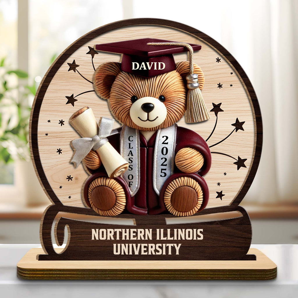 Celebrate Your Achievements Wooden Graduate Teddy Bear Plaque - Personalized Custom 2-Layer Wood Plaque With Flat Base - GRAD018_WPLA