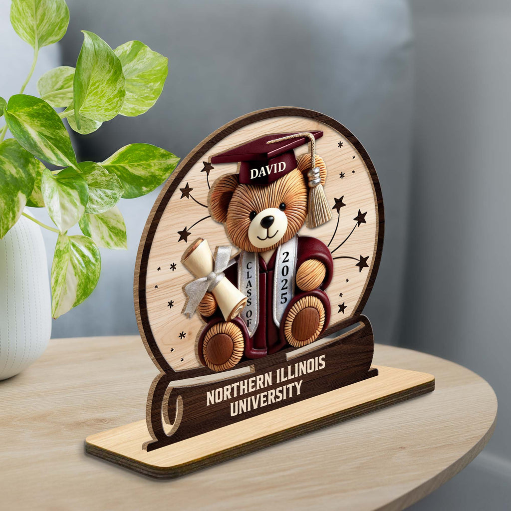 Celebrate Your Achievements Wooden Graduate Teddy Bear Plaque - Personalized Custom 2-Layer Wood Plaque With Flat Base - GRAD018_WPLA