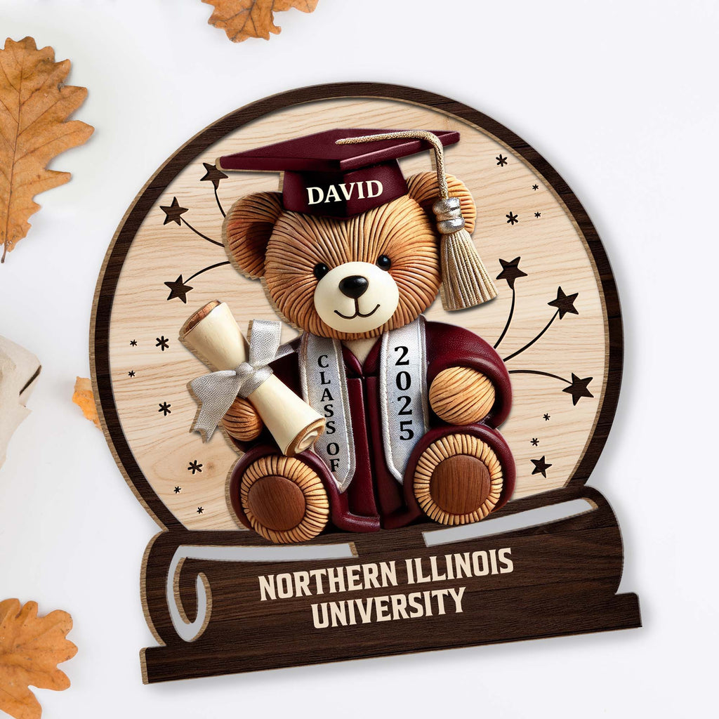 Celebrate Your Achievements Wooden Graduate Teddy Bear Plaque - Personalized Custom 2-Layer Wood Plaque With Flat Base - GRAD018_WPLA