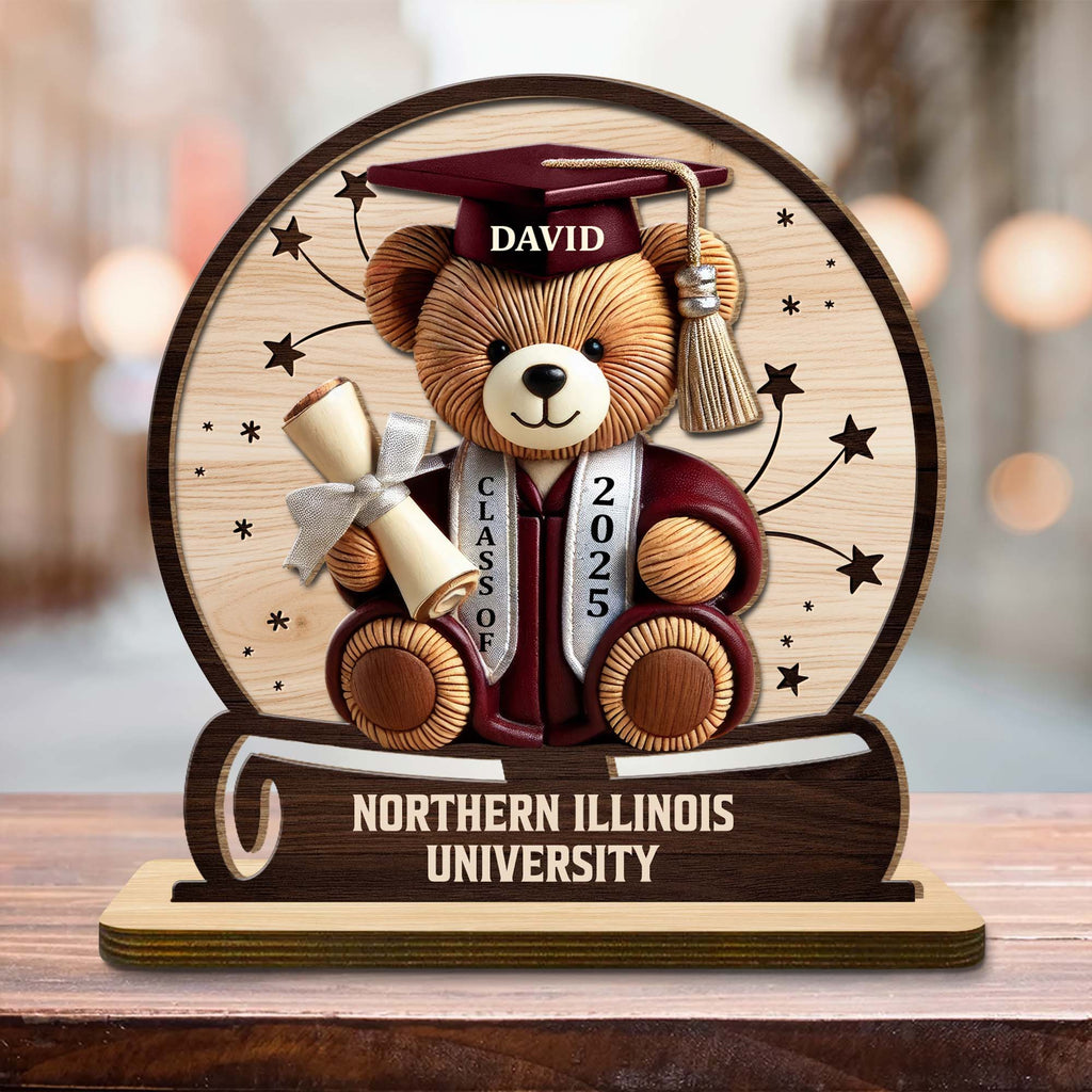 Celebrate Your Achievements Wooden Graduate Teddy Bear Plaque - Personalized Custom 2-Layer Wood Plaque With Flat Base - GRAD018_WPLA