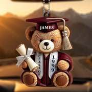 Graduation Cap, Diploma, Teddy Bear - Personalized Custom Wood Ornament, Car Hanging Ornament - GRAD021_WCA