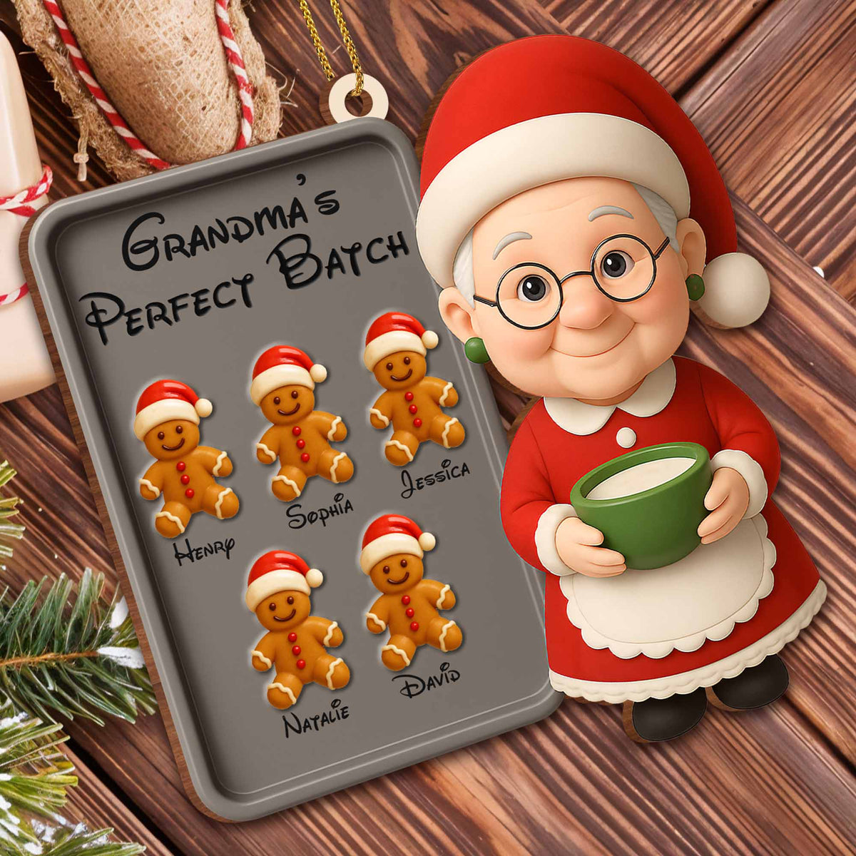 Celebrate Festive Season With Grandma And Gingerbread Cookies - Personalized Custom Wood Ornament, Custom Shaped - GRM104_WDO