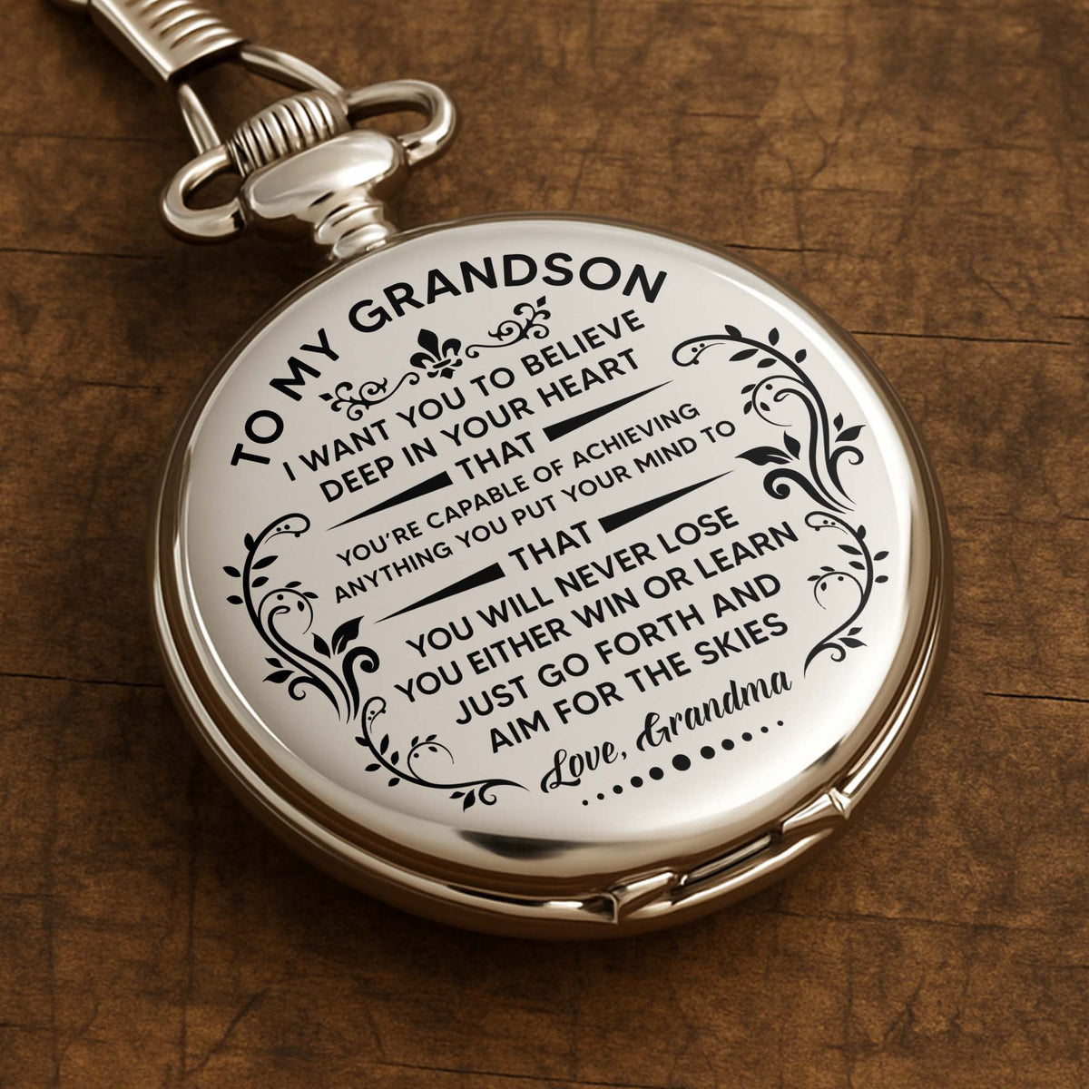 To My Grandson, Believe In Yourself With Elegant Flourishes - Personalized Silver Plated Pocket Watch - GSN001_SWATCH
