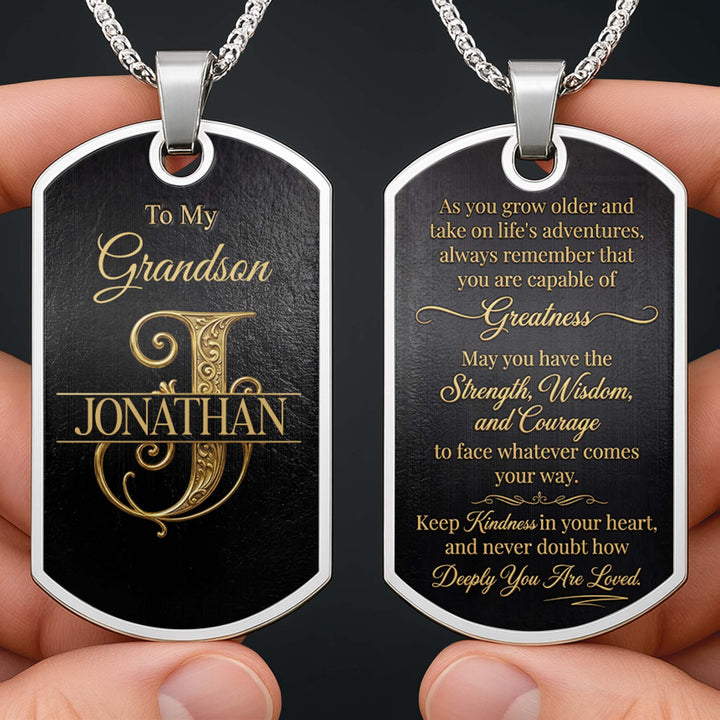 To My Grandson Initial Name Scrollwork Design - Personalized Custom Dog Tag Necklace - GSN091_DTNECK
