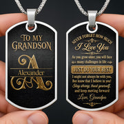 To My Grandson Never Forget How Much I Love You Golden Alphabet Letters - Personalized Custom Dog Tag Necklace - GSN092_DTNECK