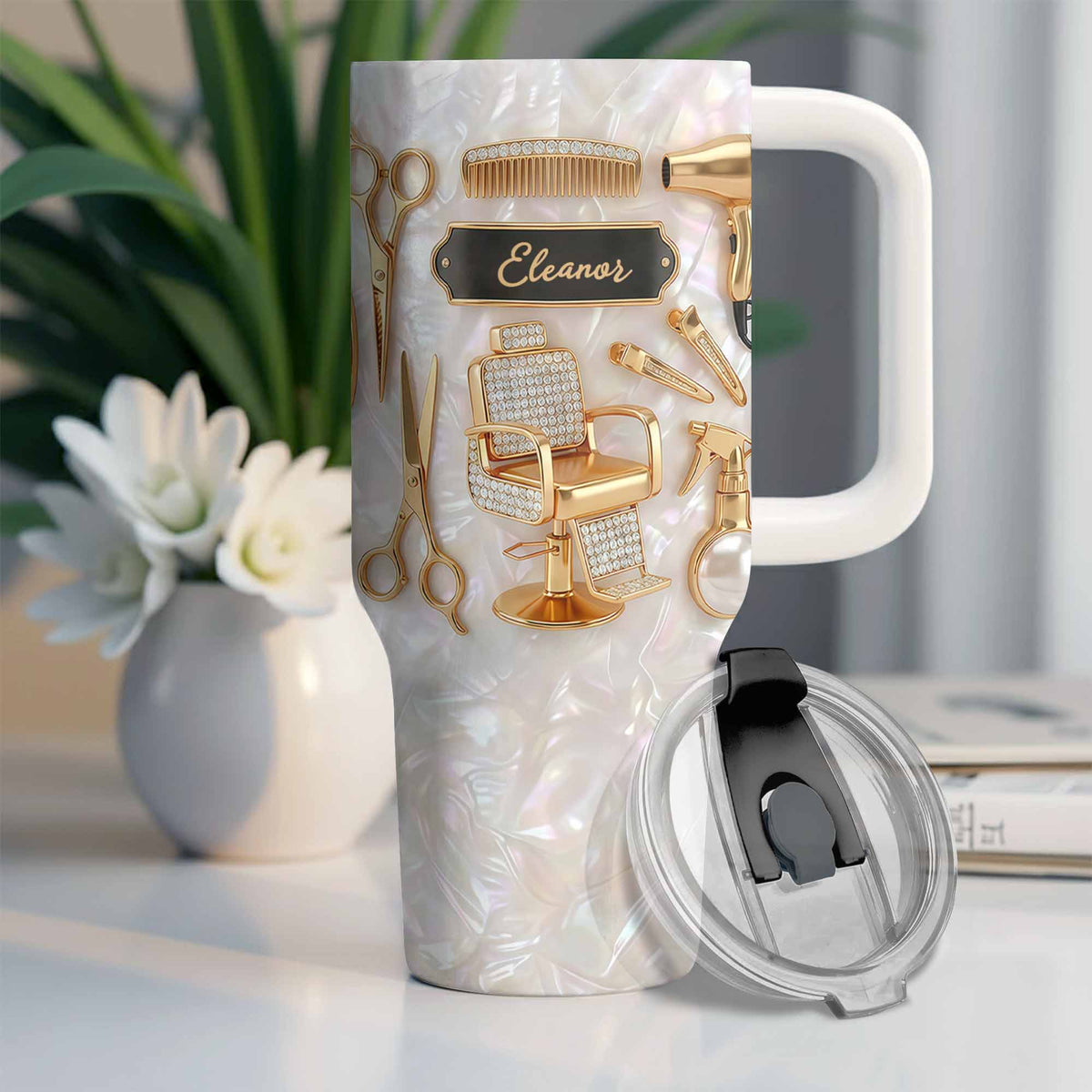 A Master Of Style Hairdresser Salon Tools Mother Of Pearl Mosaic - Personalized 40oz Tumbler With Straw - HAIR027_TBS