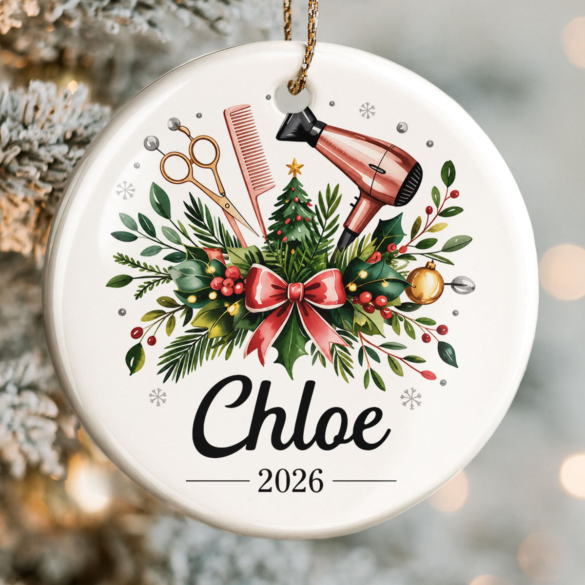 A Talented Hair Stylist Hair Dryer And Scissors Christmas Floral - Personalized Custom Ceramic Ornament With Round Shape - HAIR164_RCE