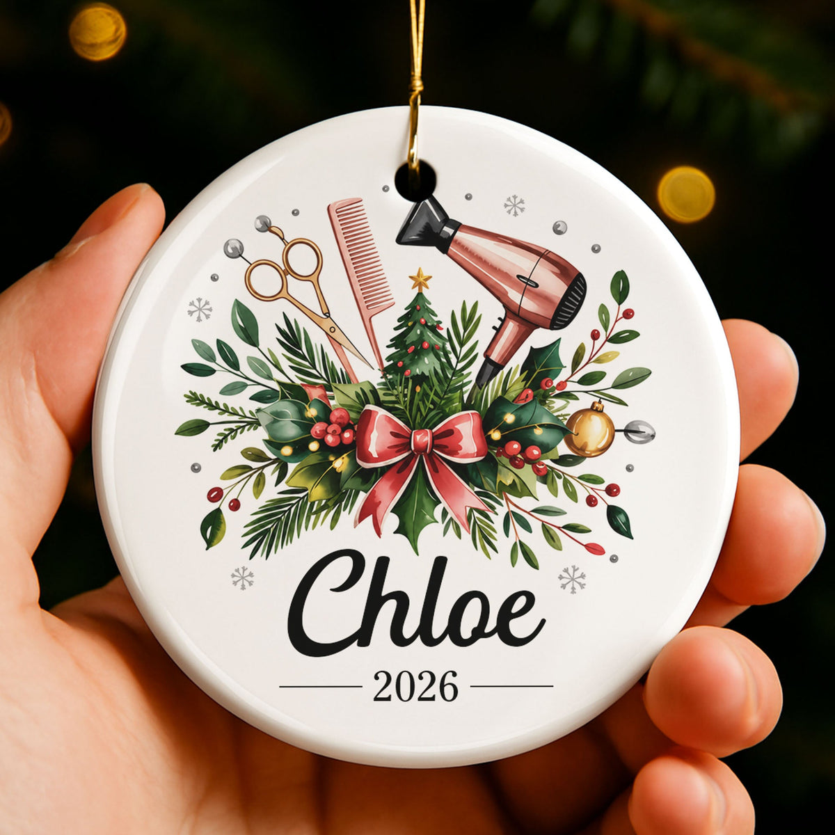 A Talented Hair Stylist Hair Dryer And Scissors Christmas Floral - Personalized Custom Ceramic Ornament With Round Shape - HAIR164_RCE