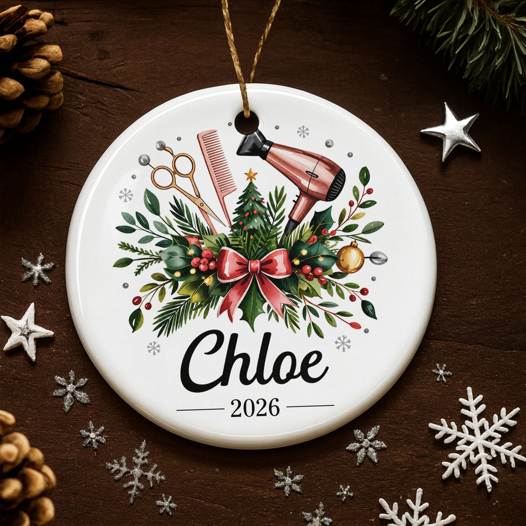 A Talented Hair Stylist Hair Dryer And Scissors Christmas Floral - Personalized Custom Ceramic Ornament With Round Shape - HAIR164_RCE