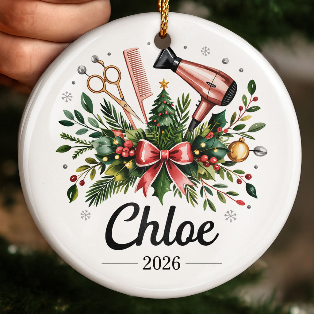 A Talented Hair Stylist Hair Dryer And Scissors Christmas Floral - Personalized Custom Ceramic Ornament With Round Shape - HAIR164_RCE