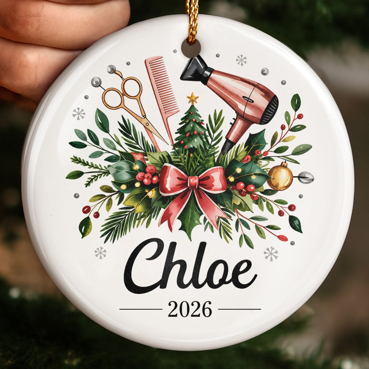 A Talented Hair Stylist Hair Dryer And Scissors Christmas Floral - Personalized Custom Ceramic Ornament With Round Shape - HAIR164_RCE