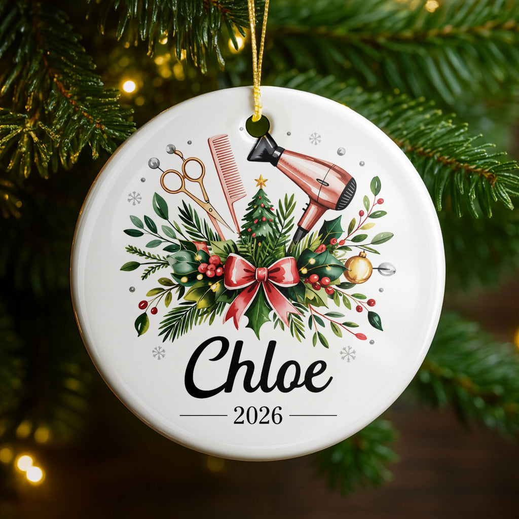 A Talented Hair Stylist Hair Dryer And Scissors Christmas Floral - Personalized Custom Ceramic Ornament With Round Shape - HAIR164_RCE