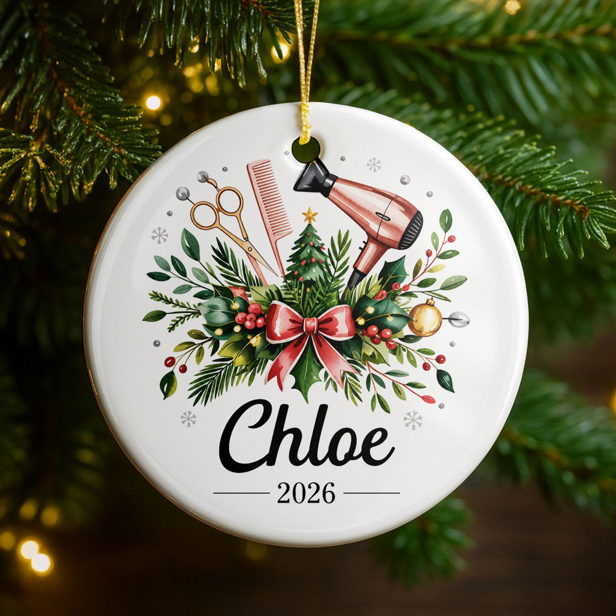 A Talented Hair Stylist Hair Dryer And Scissors Christmas Floral - Personalized Custom Ceramic Ornament With Round Shape - HAIR164_RCE