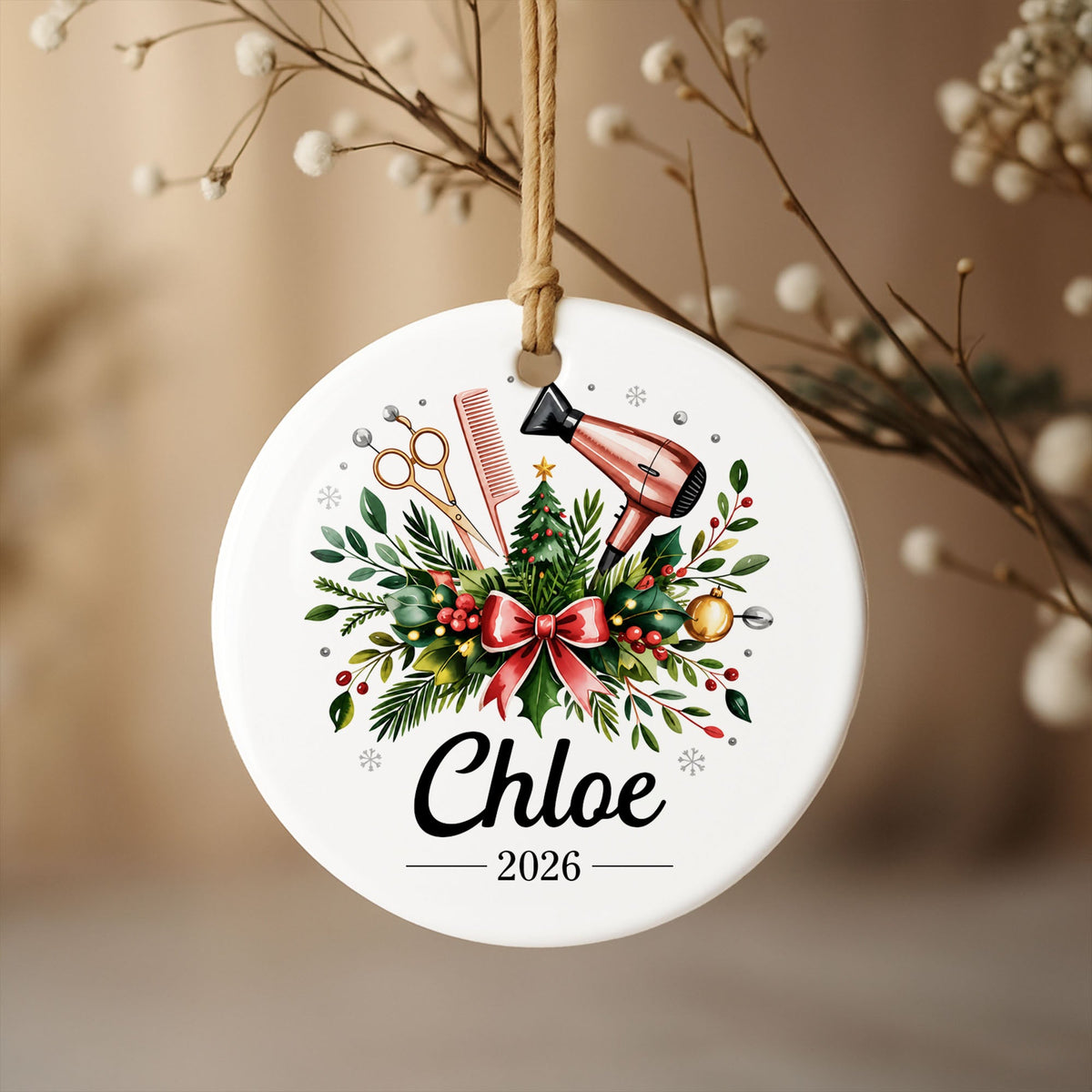 A Talented Hair Stylist Hair Dryer And Scissors Christmas Floral - Personalized Custom Ceramic Ornament With Round Shape - HAIR164_RCE