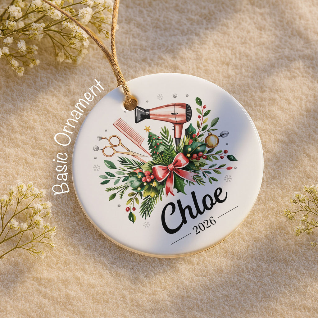 A Talented Hair Stylist Hair Dryer And Scissors Christmas Floral - Personalized Custom Ceramic Ornament With Round Shape - HAIR164_RCE