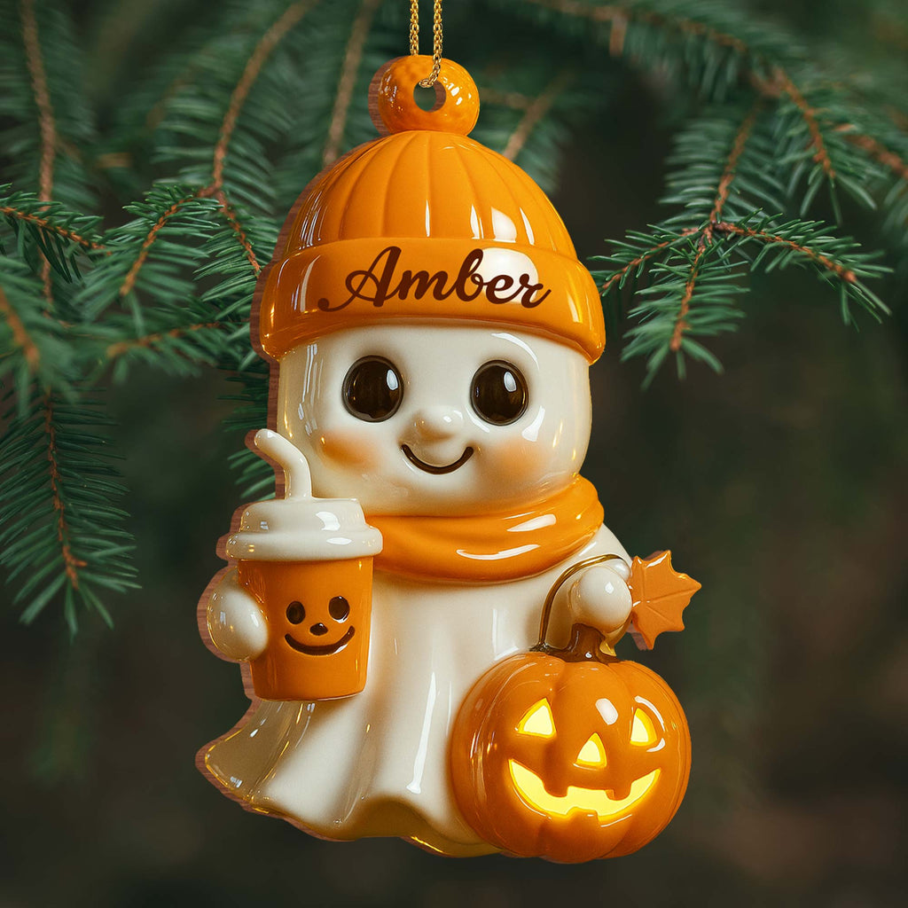 Celebrate Cozy Autumn Vibes Ghost and Pumpkin - Personalized Custom Wood Ornament, Custom Shaped - HALW020_WDO