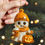 Celebrate Cozy Autumn Vibes Ghost and Pumpkin - Personalized Custom Wood Ornament, Custom Shaped - HALW020_WDO