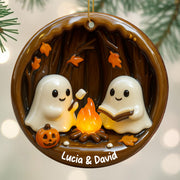 Cozy Halloween Campfire Scene With Ghosts And Pumpkin - Personalized Custom Wood Ornament, Custom Shaped - HALW029_WDO