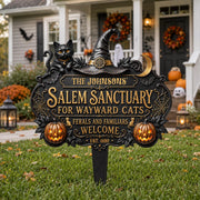 Salem Sanctuary For Wayward Cats Black Cat Pumpkin Witch Hat - Personalized Metal Garden Stake - HALW111_MEGSTA