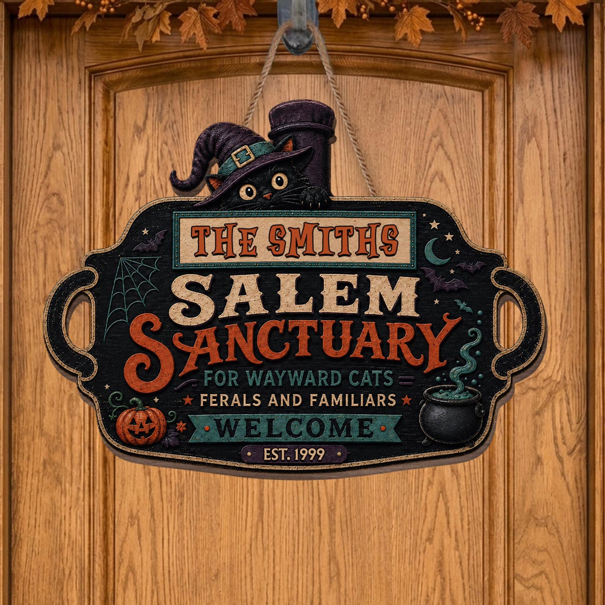 Salem Sanctuary For Wayward Cats With Witch Cat And Pumpkin - Personalized Custom Shaped Wood Sign - HALW146_WSIGN