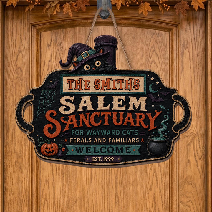 Salem Sanctuary For Wayward Cats With Witch Cat And Pumpkin - Personalized Custom Shaped Wood Sign - HALW146_WSIGN