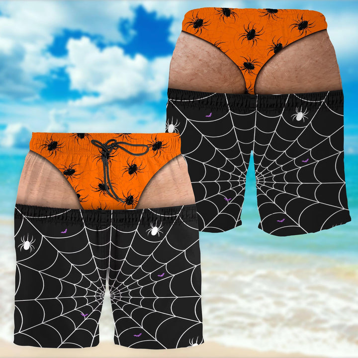 Spooky Vibes Creepy Spiders And Webs Funny Illusion Design - Personalized Men's Beach Shorts - HALW166_MEBES