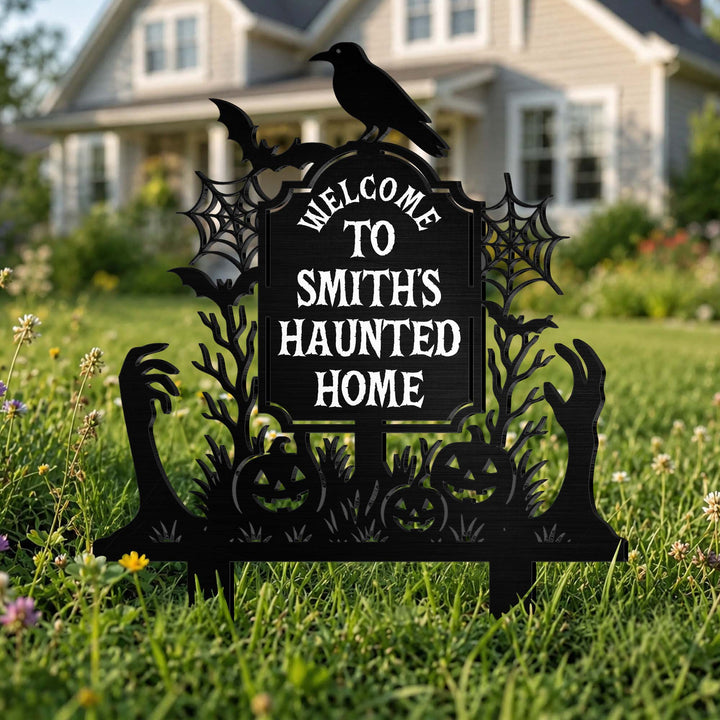 Welcome To Our Haunted Home With Pumpkins And Bats - Personalized Metal Garden Stake - HALW185_MEGSTA