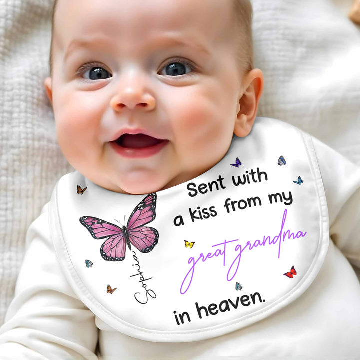 Sent With A Kiss From Great Grandma, Butterflies Design - Personalized Baby Bib - HME227_BBB