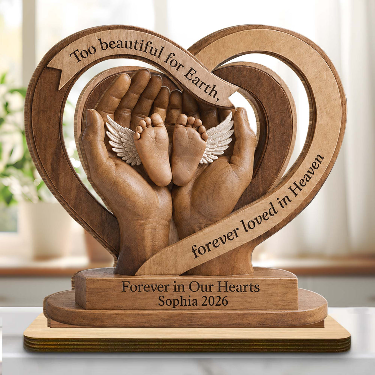 Too Beautiful For Earth Heart Baby Feet Angel Wings - Personalized Custom 2-Layer Wood Plaque With Flat Base - HME586_WPLA