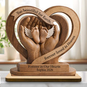 Too Beautiful For Earth Heart Baby Feet Angel Wings - Personalized Custom 2-Layer Wood Plaque With Flat Base - HME586_WPLA