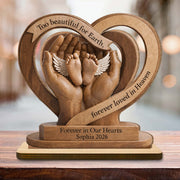 Too Beautiful For Earth Heart Baby Feet Angel Wings - Personalized Custom 2-Layer Wood Plaque With Flat Base - HME586_WPLA