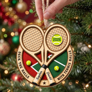 Deck The Halls With Tennis Balls Rackets And Court - Personalized Custom Wood Ornament, Custom Shaped - HOB373_WDO