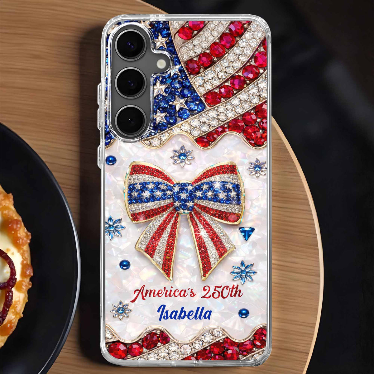 America's 250th Patriotic Rhinestone Bow And USA Flag - Personalized Clear Phone Case - INDE255_PHC
