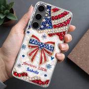 America's 250th Patriotic Rhinestone Bow And USA Flag - Personalized Clear Phone Case - INDE255_PHC