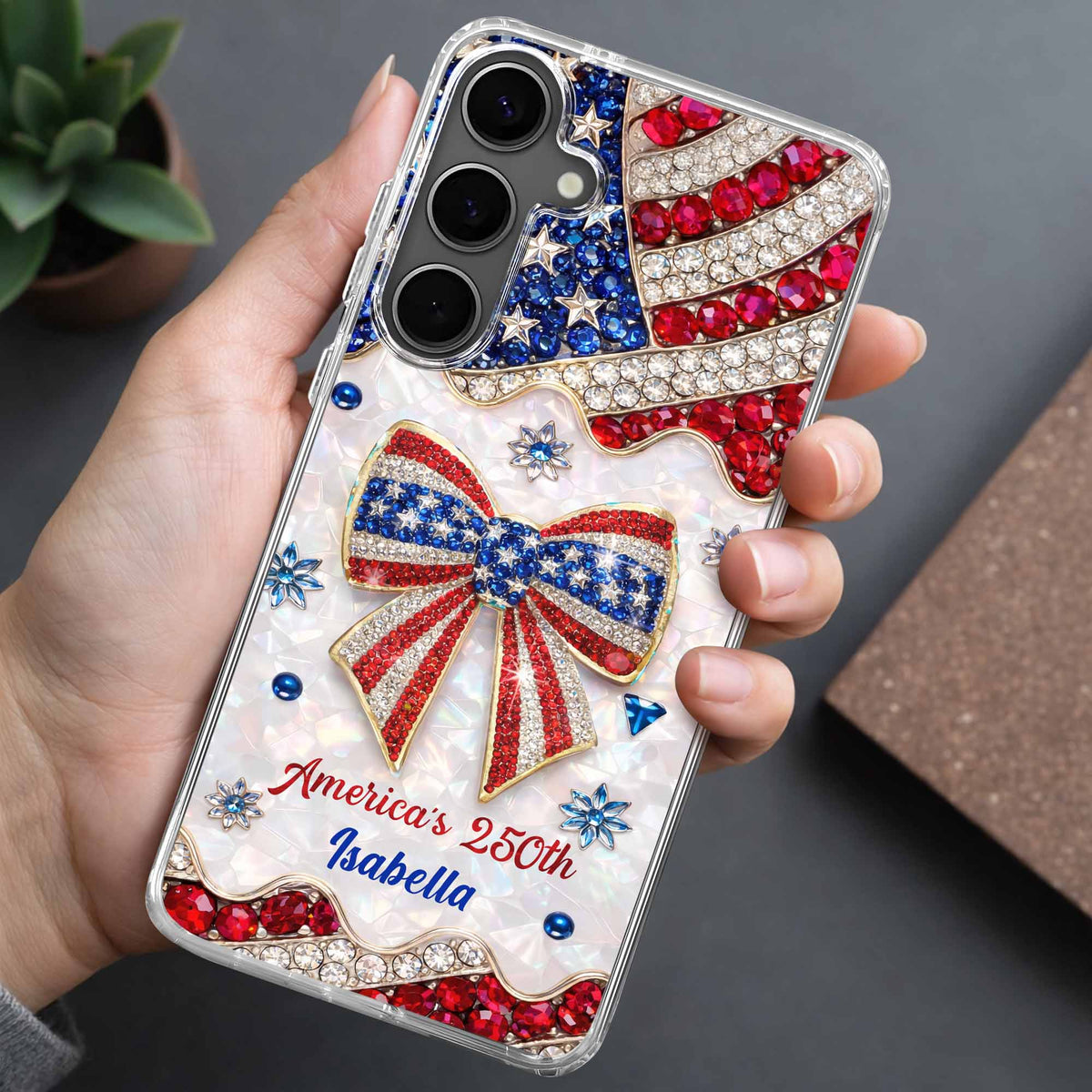 America's 250th Patriotic Rhinestone Bow And USA Flag - Personalized Clear Phone Case - INDE255_PHC