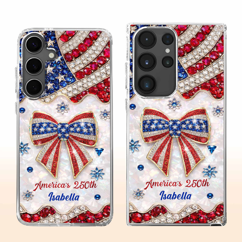 America's 250th Patriotic Rhinestone Bow And USA Flag - Personalized Clear Phone Case - INDE255_PHC