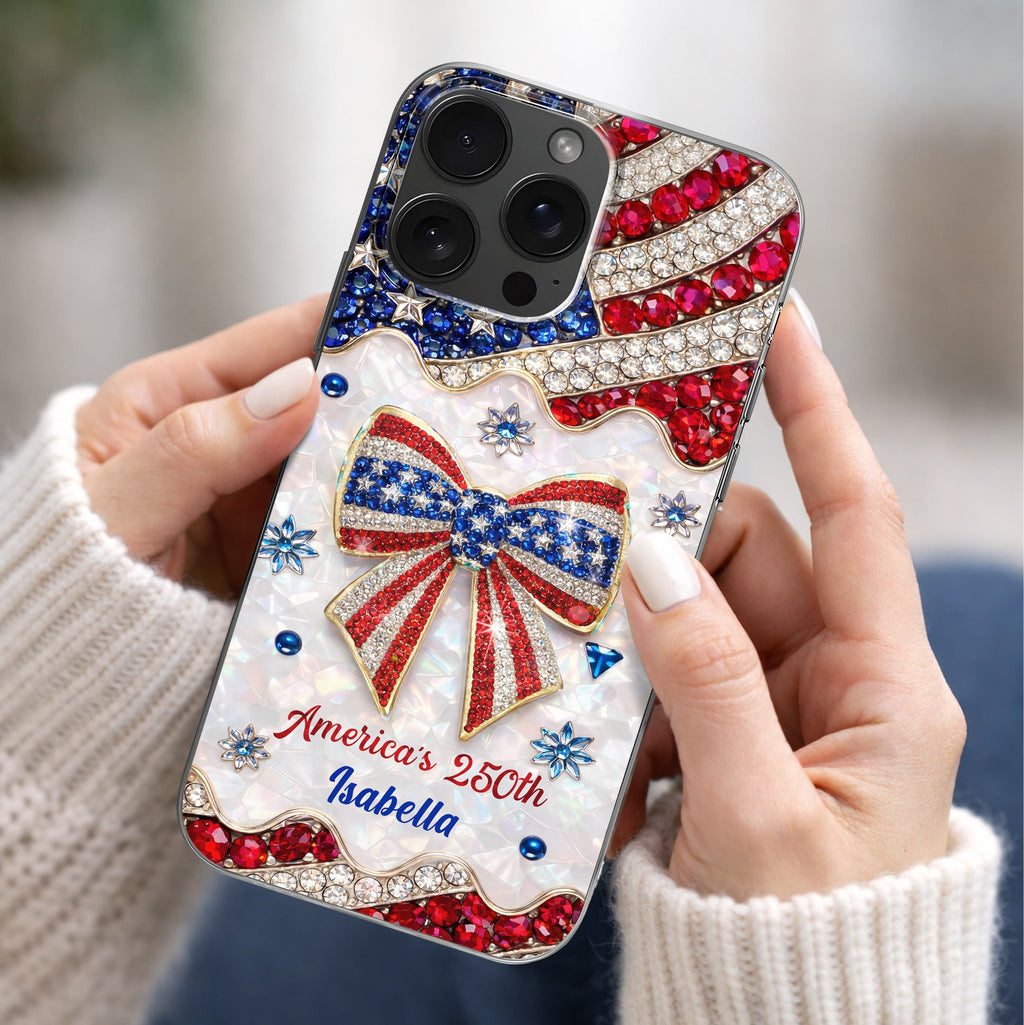 America's 250th Patriotic Rhinestone Bow And USA Flag - Personalized Clear Phone Case - INDE255_PHC