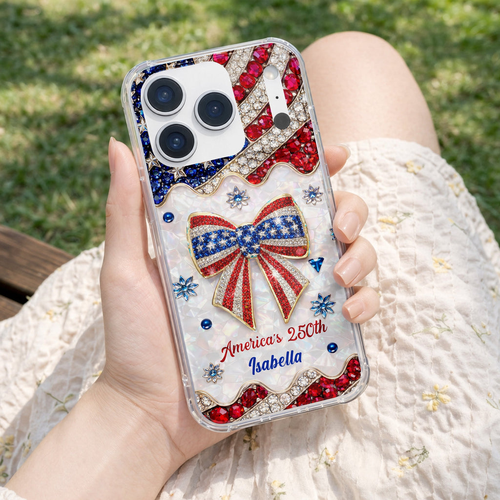 America's 250th Patriotic Rhinestone Bow And USA Flag - Personalized Clear Phone Case - INDE255_PHC