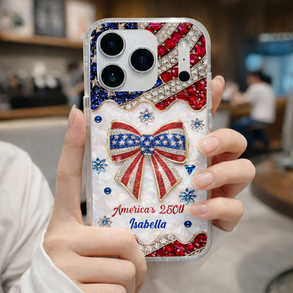 America's 250th Patriotic Rhinestone Bow And USA Flag - Personalized Clear Phone Case - INDE255_PHC