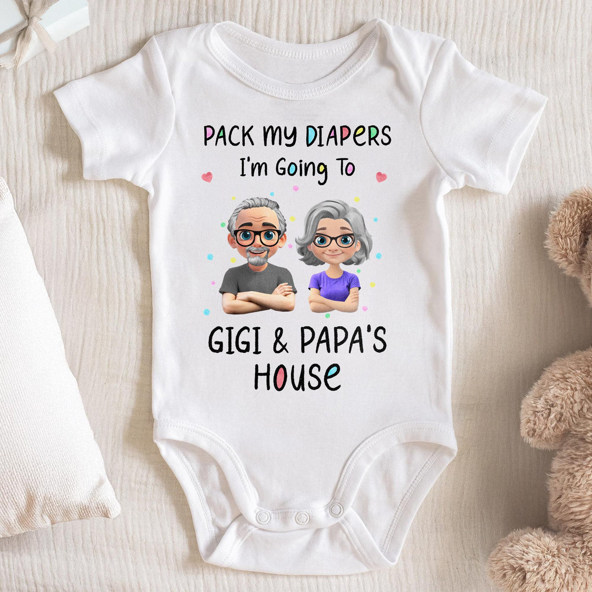 Pack My Diapers Going To Gigi & Papa's House - Personalized Custom Baby Onesie - KID124_ONES
