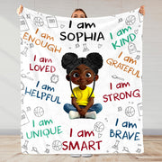 I Am Strong, Brave And Unique, Cartoon Character Blanket - Personalized Custom Blanket - KID243_BLK