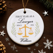 First Year As A Lawyer With Scales Of Justice - Personalized Custom Ceramic Ornament With Round Shape - LAW008_RCE
