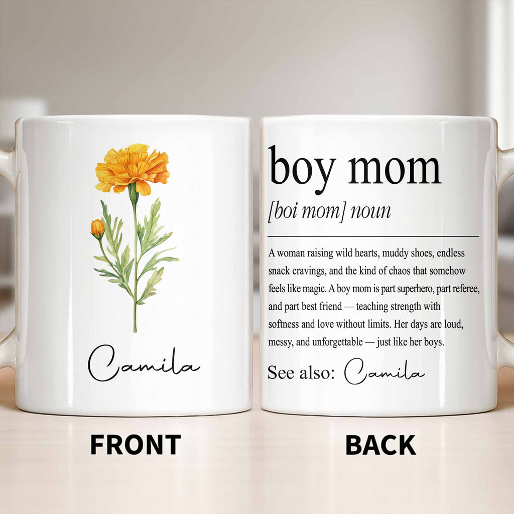 Boy Mom Definition With Custom Birth Month Flower Design - Personalized Custom Coffee Mug - MOM381_MG