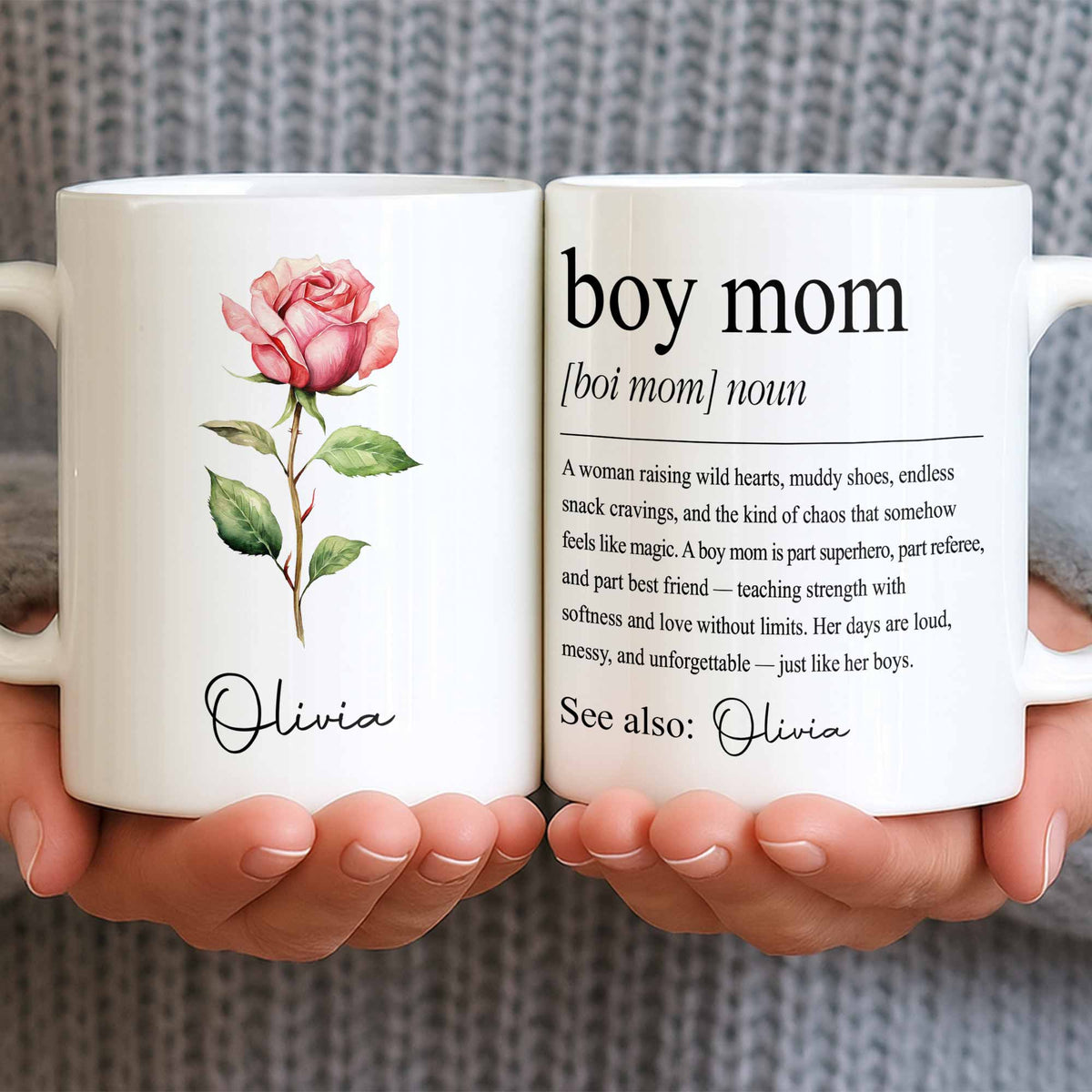 Boy Mom Definition With Custom Birth Month Flower Design - Personalized Custom Coffee Mug - MOM381_MG