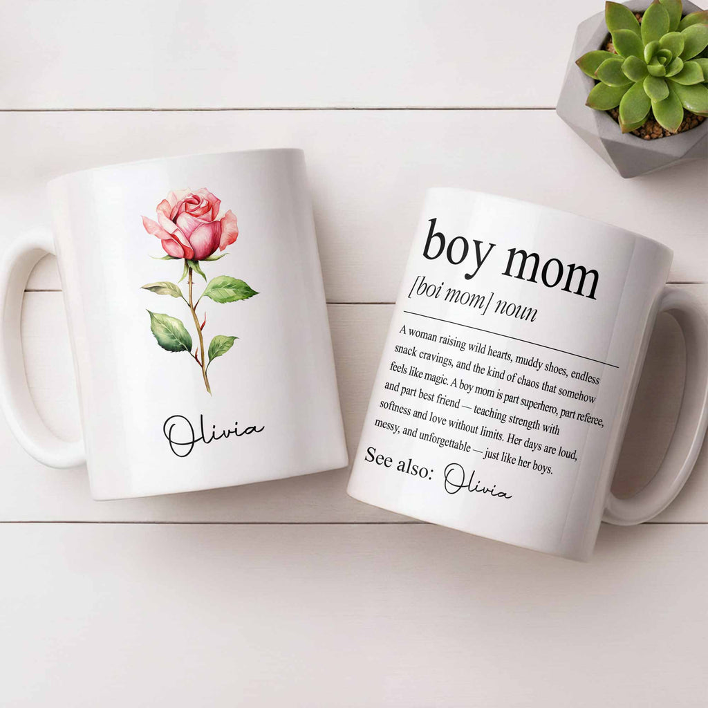 Boy Mom Definition With Custom Birth Month Flower Design - Personalized Custom Coffee Mug - MOM381_MG