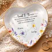 Aunt And Niece Love Knows No Distance Floral State Map - Personalized Custom Jewelry Dish, Ceramic Dish, Heart Shape - NCE104_HCRF